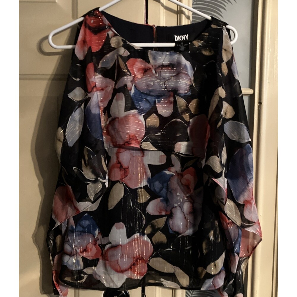 VNTG DKNY Womens Floral Dress Shirt Size XS Long Sleeve Shoulder Out